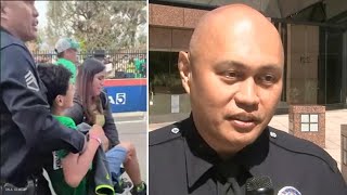 LAPD sergeant helps 14yearold runner cross finish line at LA Marathon [upl. by Einafpets]