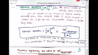 Isomerism Lecture 10 Questions on Optical Activity  Specific rotation Enantiomeric Excess [upl. by Crisey]