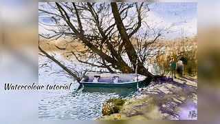 Easy Watercolor Landscape Fishing Boat amp Trees I Watercolor painting I [upl. by Aisitel846]