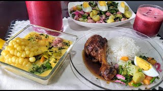 ALMUERZO ECUATORIANO COMPLETO Locro  arroz con pollo a la coca cola con ensalada de vainitas [upl. by Negriv]