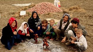 How do big family with children work on the farm cooking kabab in nature village life Afghanistan [upl. by Orbadiah]