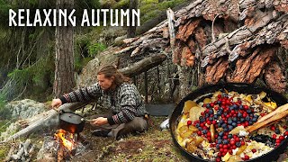 Relaxing AUTUMN Camping🍂Fishing Berries Mushrooms amp Bushcraft Shelters [upl. by Helsie]