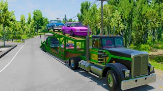 Double Flatbed Trailer Truck vs speed bumps Busses vs speed bumps Beamng Drive [upl. by Dahc638]