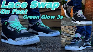 Jordan 3 GREEN GLOW  Lace Swap amp On Feet [upl. by Akemrehs80]