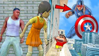 Franklin and Shinchan amp Pinchan play HIDE AND KILL CAPTAIN AMERICA with Squid Game Doll In GTA 5 [upl. by Saberhagen884]