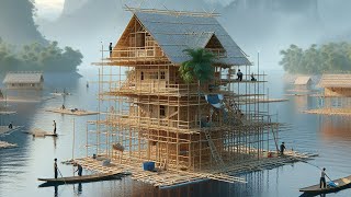 The Bamboo Building On The Water Has Three Floors But It Always Shakeshouseboat build architect [upl. by Bear]