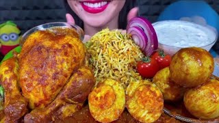 ASMR MUKBANK 😋 EATING WHOLE CHICKEN CURRY  AND EGGS  TOMATO SAUCE AND RICE AND MORE 🔥🔥😋 [upl. by Pedaiah]