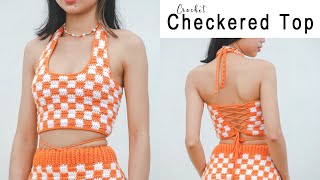 Crochet Checkered Crop Top Tutorial  Crochet Crop Top  Chenda DIY [upl. by Ahsenra]