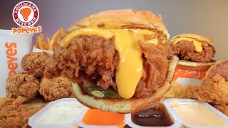 MUKBANG EATING POPEYES FRIED CHICKEN WITH EXTRA CHEESE SPICY CHICKEN SANDWICH CHICKEN TENDERS ASMR [upl. by Adnoel]