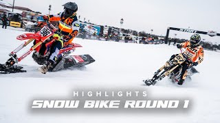 Amsoil Championship Snocross 2022  Snow Bike Moto 2 Round 1 Highlights [upl. by Reisman]