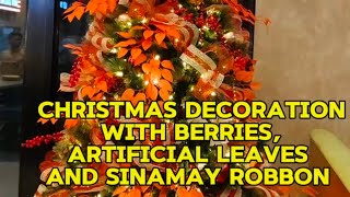 CHRISTMAS DECORATION WITH BERRIES ARTIFICIAL LEAVES AND SINAMAY ROBBON [upl. by Suzetta263]