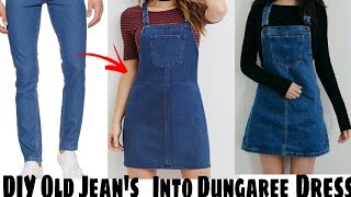 DIY ConvertReuse Old Mens Jeans into Girls beautiful DUNGAREE Dressपुरानी जीन्स से बनाए ड्रेस । [upl. by Ennovy]