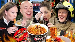 British Firefighters try Korean Fire Noodles for the first time [upl. by Halfdan]