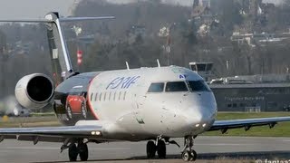 Close takeoff  CRJ200LR at airport BernBelp HD [upl. by Ellga612]