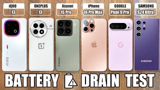 iQOO 13 vs ONEPLUS 13 vs Xiaomi 15 Pro vs iPhone 16 Pro Max  Samsung S24 Ultra  BATTERY DRAIN TEST [upl. by Garihc]