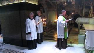 Franciscan monks in prayer at Calvary Golgotha​​ the Church of the Holy Sepulchre Jerusalem [upl. by Larred]