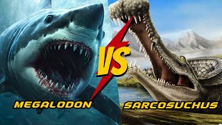 Sarcosuchus vs Megalodon Clash of the Prehistoric Titans  Animal Fantasy War [upl. by Ardnasirhc]