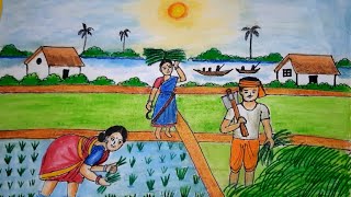 How to draw farmers working in the field very easy cultivation scenery very easy steps [upl. by Kcirded]