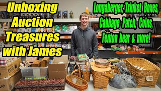 Unboxing Auction Treasures that James Actually picked Longaberger Coins Fenton Bears and more [upl. by Yelnikcm]