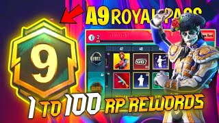 A9 ROYAL PASS1 TO 100 RP REWARDS  ACE 9 ROYAL PASS LEAKS  A9 ROYAL PASS PUBG MOBILEBGMI [upl. by Landers]