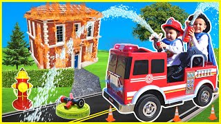 Firefighter rescue with power wheels fire truck and fireman training with kids firehouse fire engine [upl. by Ynnus848]