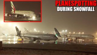 PLANESPOTTING DURING SNOWFALL AT DÜSSELDORF AIRPORT  Takeoffs amp landings  Deicing operations [upl. by Quintus]