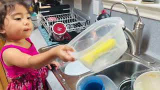 Washing dishes with toddler  Mama’s kitchen helper teachthemyoung toddlermoments toddlers [upl. by Alleunam519]