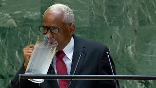 Haitian President spills giant jug of water during UN speech [upl. by Navnod]