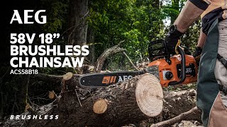 AEG 58V 18quot Brushless Chainsaw ACS58B18 in action [upl. by Sirrap987]