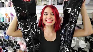 Review Try Out Pleaser Black Shiny 5 Inch Single Sole Thigh High Boots Unboxing With Victoria [upl. by Bryant]