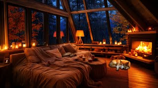 Cozy Gentle Autumn Rain with Crackling Fire with Cat amp Dog  Sleep Relax Study [upl. by Rolyak]