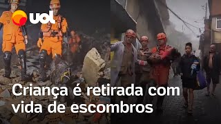 Petrópolis menina de 4 anos é retirada com vida de escombros após pai usar corpo para protegêla [upl. by Heidi]