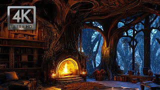 Inside the Enchanted Forest Treehouse Winter Ambience w Wind Blowing Falling Snow Crackling Fire [upl. by Bennett]