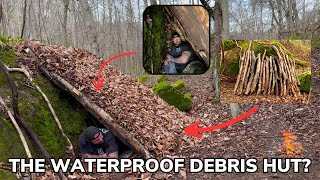 Solo Overnight Building a Classic Debris Hut in The Rain Is It Waterproof [upl. by Lednam]