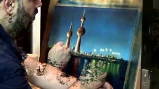 Kuwait Towers Oil Painting درس رسم  رسم أبراج الكويت رسم زيتي [upl. by Adila]