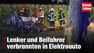 Zwei Tote bei Unfall Lenker und Beifahrer verbrannten in Elektroauto  kronetv NEWS [upl. by Bald215]