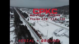 Intermodal Trains in the snow CPKC 118 113 101 on November 29 2023 at Marathon Ontario Canada [upl. by Latvina]