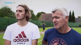 Stefanos Tsitsipas and his dadcoach talk switching to grasscourt tennis  Halle 2018 [upl. by Normak]