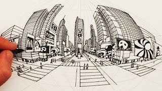 How to Draw in 5Point Perspective Times Square New York City [upl. by Asiluy]