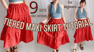 How to Make a Tiered Maxi Skirt  BeginnerFriendly StepbyStep Tutorial  9 Sizes Free Pattern [upl. by Ax]