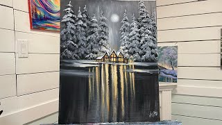 How To Paint Black White amp Gold winter landscape 🎨 acrylic painting tutorial [upl. by Nagirrek564]