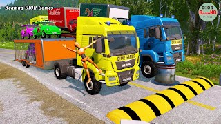 Double Flatbed Trailer Truck vs speed bumpsBusses vs speed bumpsBeamng Drive389 [upl. by Dorthea]