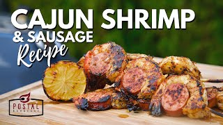 Grilled Cajun Shrimp and Sausage Recipe  How To BBQ Shrimp Skewers on a Kettle Grill [upl. by Greyson]