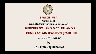 Management Concepts amp Organisational Behavior  Herzbergs and Mcclellands Theory of Motivation [upl. by Siblee]