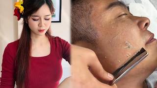 💈ASMR  Remove a lot of dead skin from mens faces 🪒 Wonderful skilled shave Facial skincare [upl. by Enerual]