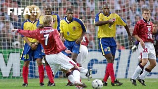 David Beckhams FreeKick Goal v Colombia  1998 FIFA World Cup [upl. by Cissej105]