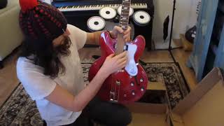 Epiphone riviera frequensator tail sparkling burgundy 2020  unboxing with dog [upl. by Taryne]