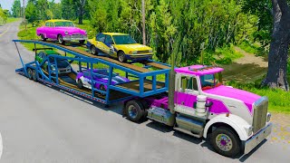 Double Flatbed Trailer Truck vs speed bumps Busses vs speed bumps Beamng Drive [upl. by Ahtimat]