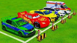 Double Flatbed Trailer Truck vs Speedbumps Train vs Cars  Flatbed Trailer  Farming Simulator 22 [upl. by Aiyn621]