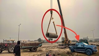 Pipe Unloading Fail World largest Crane lifts massive Pipe Gone Wrong  ZKB Machines [upl. by Maharva]